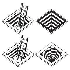 Four isometric optical illusion shapes with ladders and striped pits vector © Rabbi