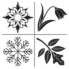 Four seasonal nature symbols black and white flower snowflake