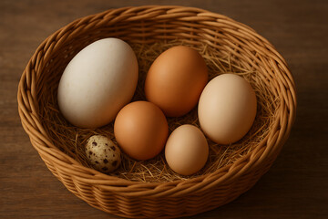 Variety of fresh eggs in wicker basket including chicken, duck, goose, and quail, organic farm produce for cooking and healthy nutrition.