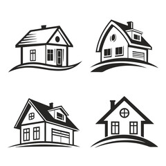 Four stylized black and white house emblems home building