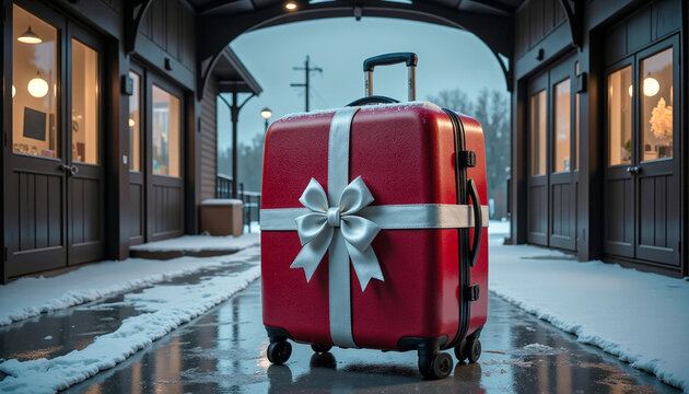Suitcase decorated as Christmas gift on snowy train station platform, holiday travel concept