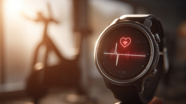 A fitness smartwatch displaying heart rate tracking after an intense workout, highlighting the role of technology in monitoring cardiovascular health. The blurred background of a stationary bike adds 