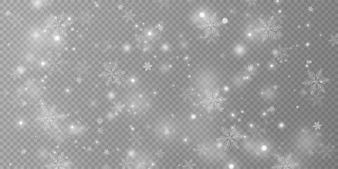 Christmas background with large snowflakes. Crystalline snow particles. White transparent design with snow imagery. Whirling snowflakes, January theme. Landscape with snowstorm.