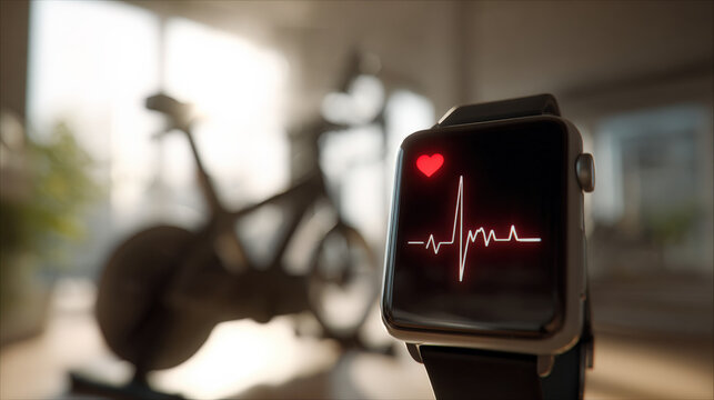 A fitness smartwatch displaying heart rate tracking after an intense workout, highlighting the role of technology in monitoring cardiovascular health. The blurred background of a stationary bike adds 