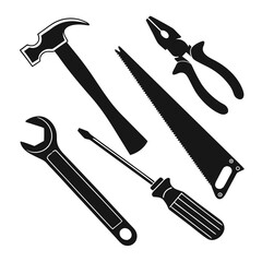 Hammer wrench saw pliers screwdriver silhouettes vector