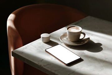 Modern mobile phone mockup on a marble table with coffee cup