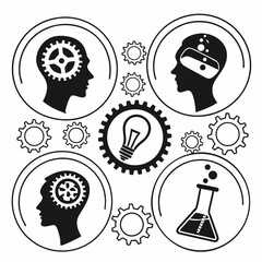 Human head gears lightbulb flask science innovation invention cogwheels