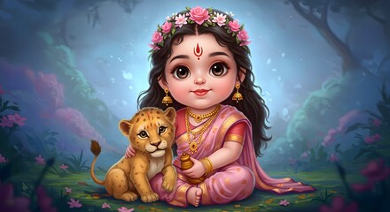 Adorable baby girl with lion cub, wearing floral crown, enchanting fantasy illustration