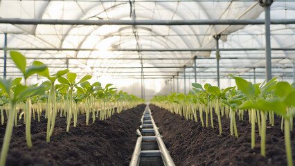 Greenhouse seedlings flourishing in neat rows, bathed in sunlight, ready for growth