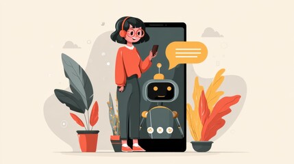 girl interacts with phone robot