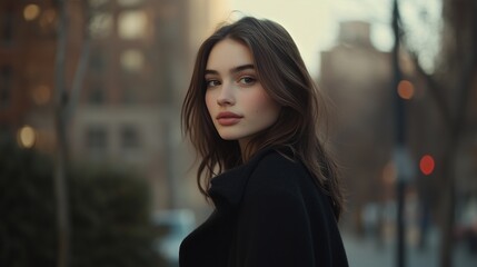 Fototapeta premium Woman in black coat. Woman poses for video of woman in pose outdoors. A chic field jacket with a chic depth of stylish. A lady wearing lifestyle a black coat.