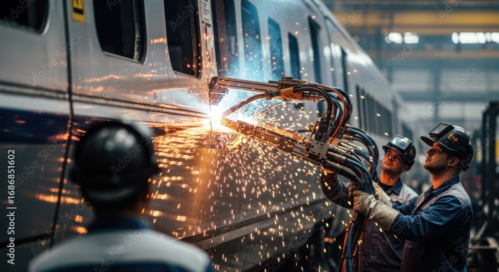 Poster workers welding along the edges of a highspeed railcar shell body using automated torch systems and 