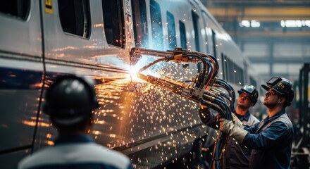 Workers welding along the edges of a highspeed railcar shell body using automated torch systems and protective helmets.