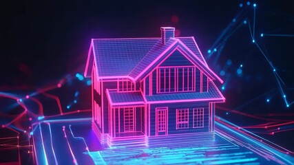 Glowing hologram of a house appearing on a futuristic tablet with charts in the background - Powered by Adobe