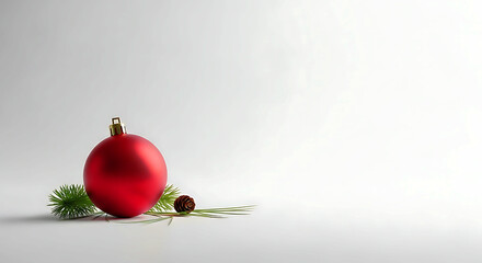 A single red Christmas ornament with green sprigs and a pinecone.