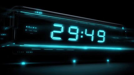 A futuristic neon blue digital countdown timer glowing in the dark, symbolizing anticipation for an upcoming release with floating holographic elements enhancing the high-tech atmosphere.