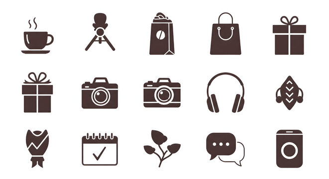Minimalist solid glyph icon collection symbolizing modern lifestyle, creative hobbies, and digital communication essentials
