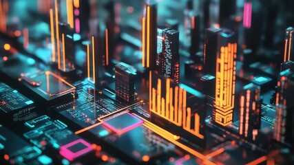 Futuristic city built on circuit board with glowing lights - Powered by Adobe