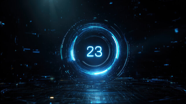 A futuristic neon blue digital countdown timer glowing in the dark, symbolizing anticipation for an upcoming release with floating holographic elements enhancing the high-tech atmosphere.