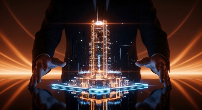 Futuristic Cityscape Hologram: Businessman Presenting Innovative Urban Development Project.