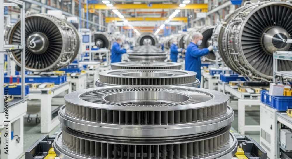 Poster production line of aerospace jet engines with visible compressor discs stacked in sequence highlight
