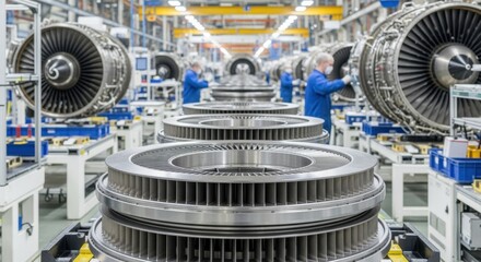Production line of aerospace jet engines with visible compressor discs stacked in sequence highlighting mass production techniques and component flow.