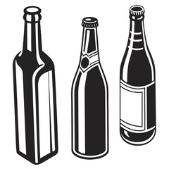 Three black bottle silhouettes on white beer bottle wine bottle