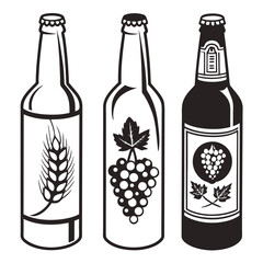 Three stylized bottles with beverage labels beer bottle wine bottle