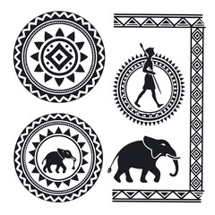 Tribal motifs with elephant and human silhouettes african