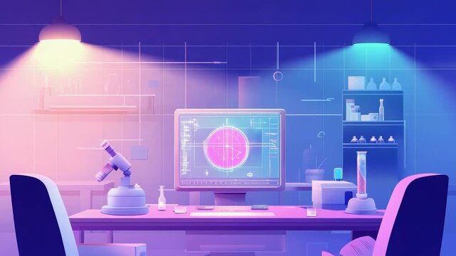 Modern laboratory with computer showing scientific data and microscope on desk