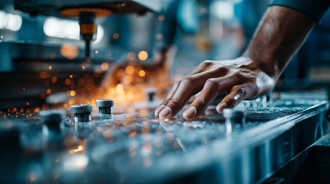 Worker’s hands adjusting abrasive machine controls sparks and dust scattering under powerful illumination polished metal reflecting industrial brightness atmosphere symbolizing