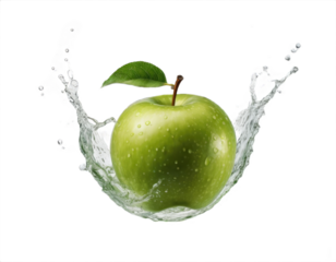 Green fresh apple with splashes of water on transparent background