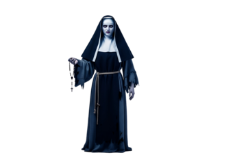 A fearsome nun figure, shrouded in darkness and holding a rosary, exudes an ominous and eerie mood.