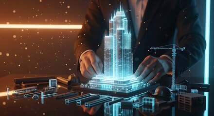Architect Designing Futuristic Skyscraper with Holographic Model and Construction Materials.