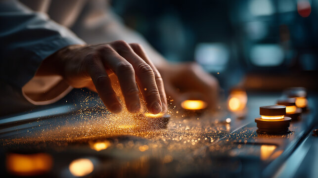 Close up of a technician fine tuning abrasive regenerator controls fine dust swirling in golden light glowing indicators in background atmosphere of technical mastery and detail