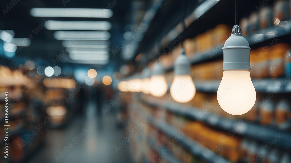 Poster medium shot of ecofriendly led light bulbs glowing softly with blurred store shelves in the backgrou