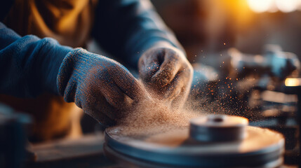 A worker in heat resistant gloves handling abrasive material near spinning machinery fine powder suspended mid air glowing in warm light atmosphere of protection intensity and