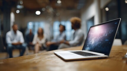 Laptop screen displaying financial data and charts blurred business professionals in meeting background