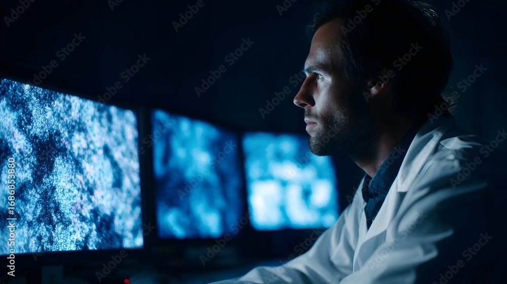 Poster a man in a lab coat intently studies complex scientific data displayed on multiple computer monitors