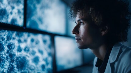 A focused scientist observes complex cellular or atomic patterns displayed on multiple glowing screens in a dark laboratory setting