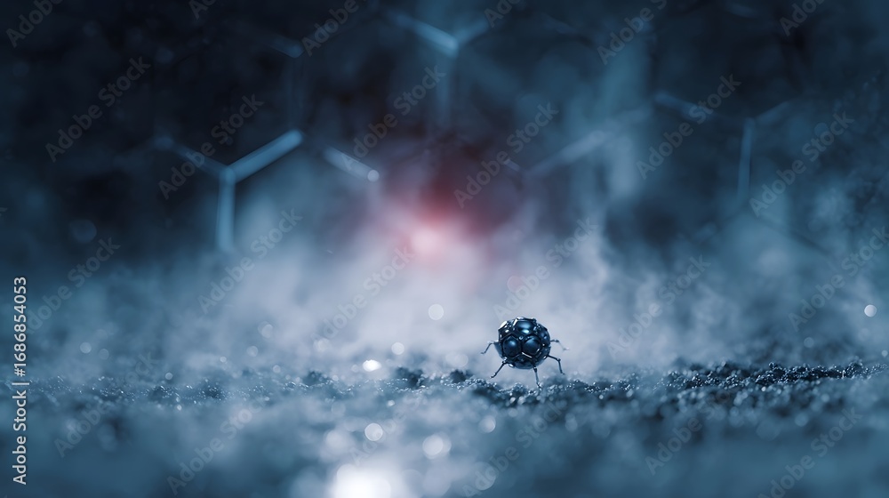 Aufkleber a small robotic entity navigates a futuristic misty micro environment with atomic structures