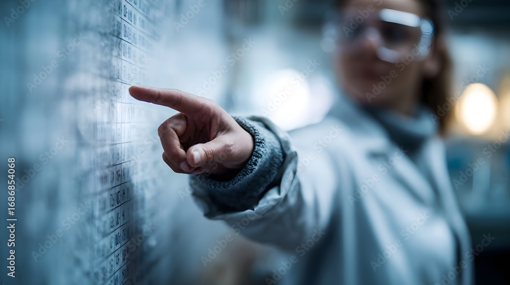 Poster a scientist wearing safety goggles points to a detailed scientific data grid displayed on a wall wit