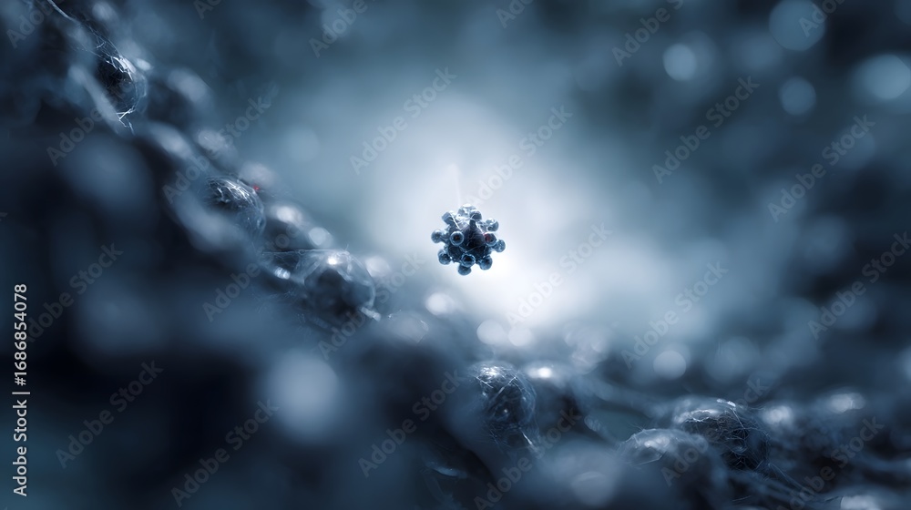 Poster microscopic nanobot or virus particle floating in a futuristic scientific environment with blurred b