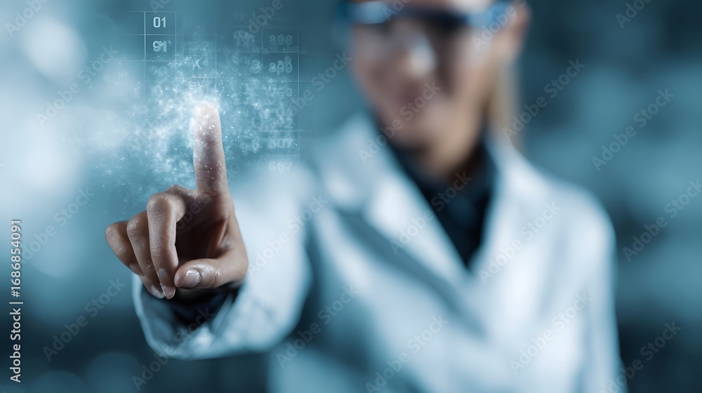 Aufkleber scientist interacts with advanced digital interface displaying scientific data and research