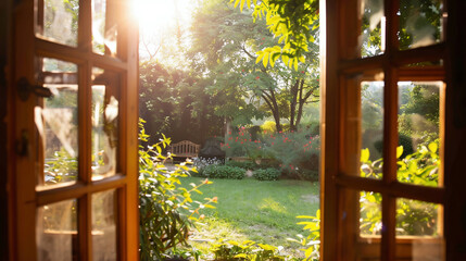 Sunny garden view through open door