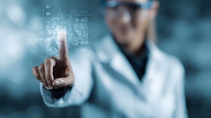 Scientist interacts with advanced digital interface displaying scientific data and research