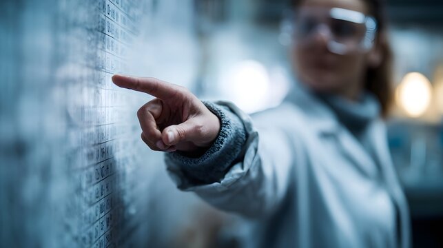 A scientist wearing safety goggles points to a detailed scientific data grid displayed on a wall within a laboratory - Powered by Adobe