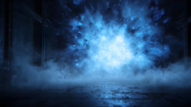 A bright blue plasma energy burst illuminates a dark smoky environment with a textured ground