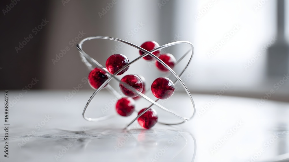 Poster detailed close up of an abstract atomic model with shiny red spheres connected by silver wire orbits