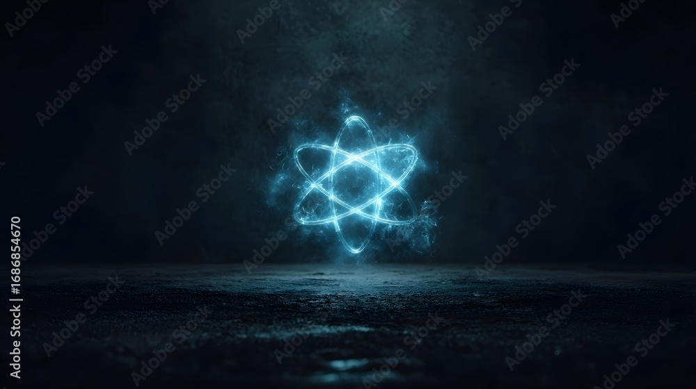 Poster a luminous blue atomic structure glows intensely in a smoky dark environment symbolizing science and